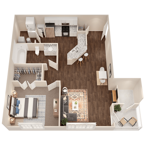 Floor plan for 1 bed, 1 bath, 806 sqft